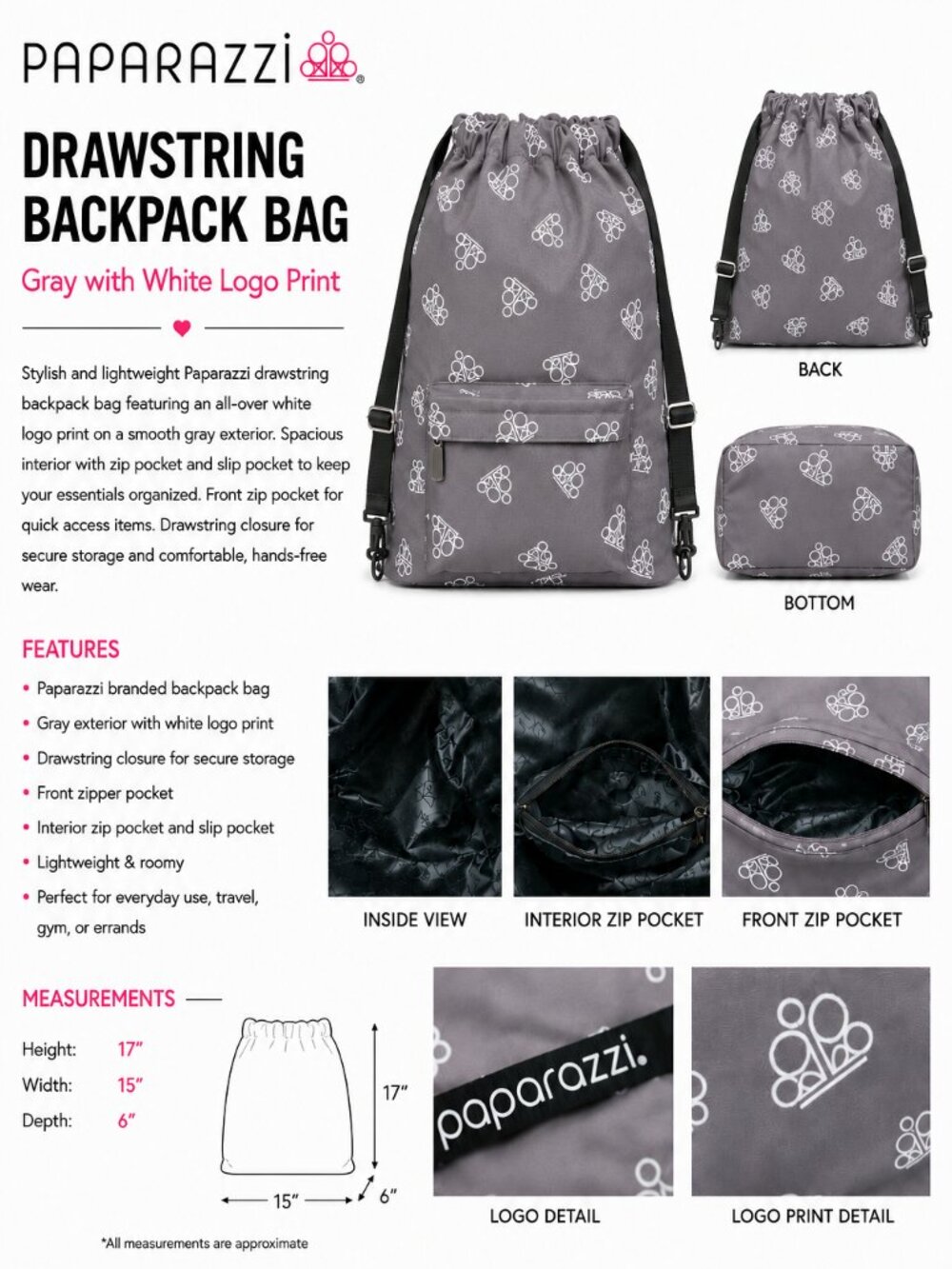 Paparazzi Gray Logo Print Drawstring Backpack Travel Gym Bag Large
